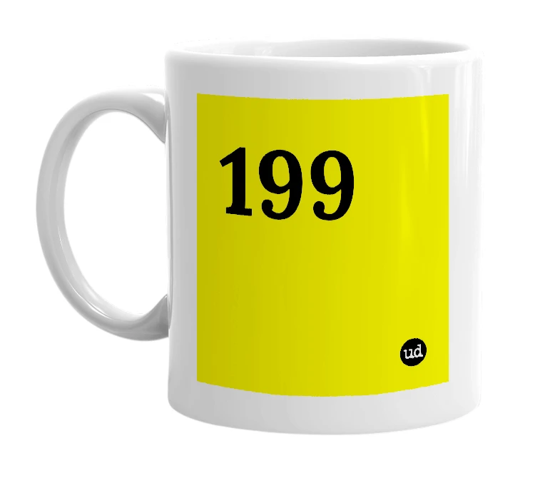 White mug with '199' in bold black letters