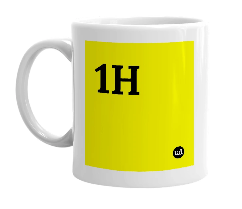 White mug with '1H' in bold black letters