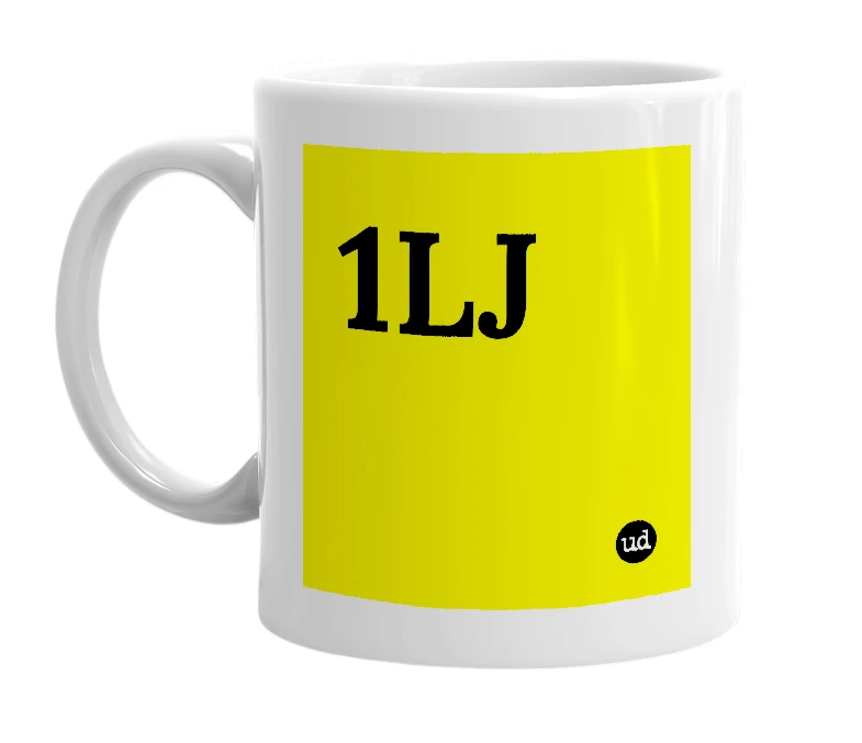 White mug with '1LJ' in bold black letters