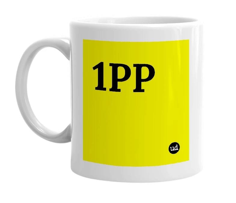 White mug with '1PP' in bold black letters