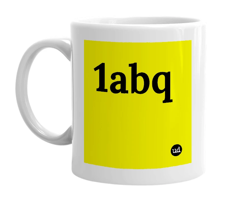 White mug with '1abq' in bold black letters
