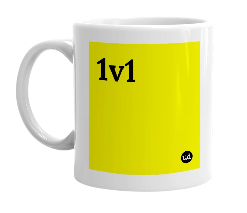 White mug with '1v1' in bold black letters