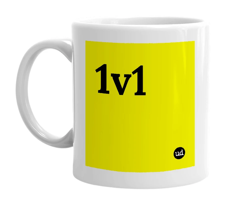 White mug with '1v1' in bold black letters