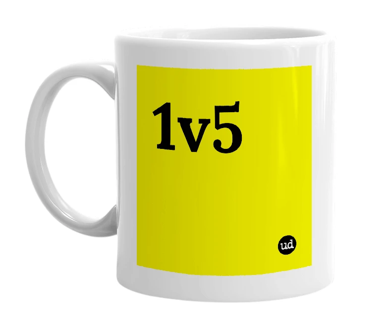 White mug with '1v5' in bold black letters