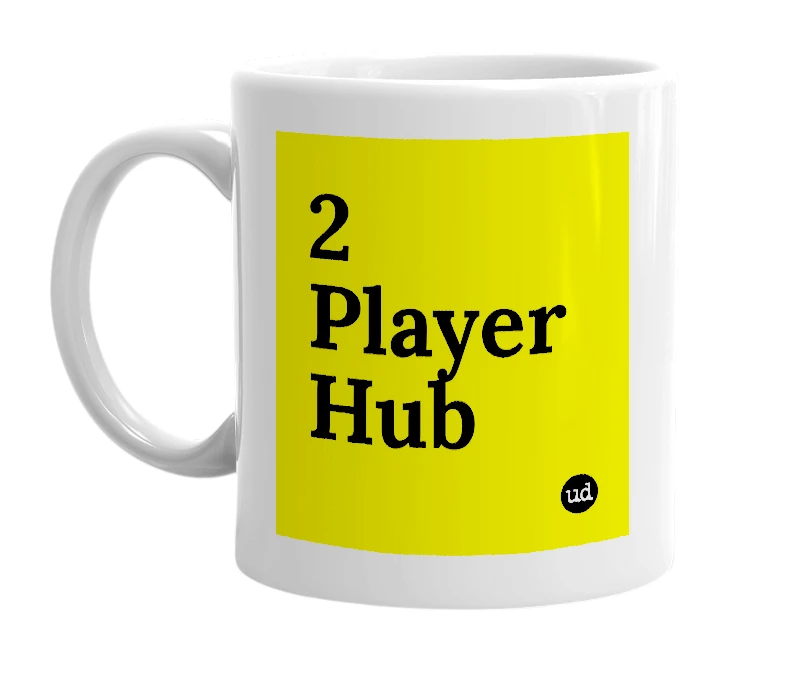 White mug with '2 Player Hub' in bold black letters