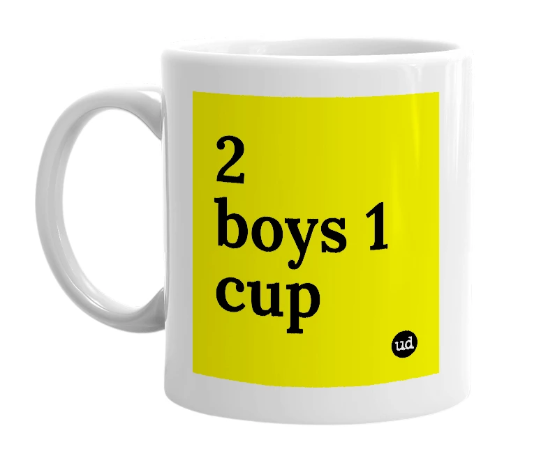 White mug with '2 boys 1 cup' in bold black letters