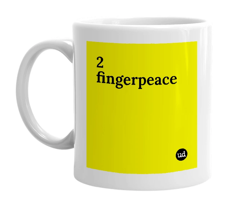 White mug with '2 fingerpeace' in bold black letters