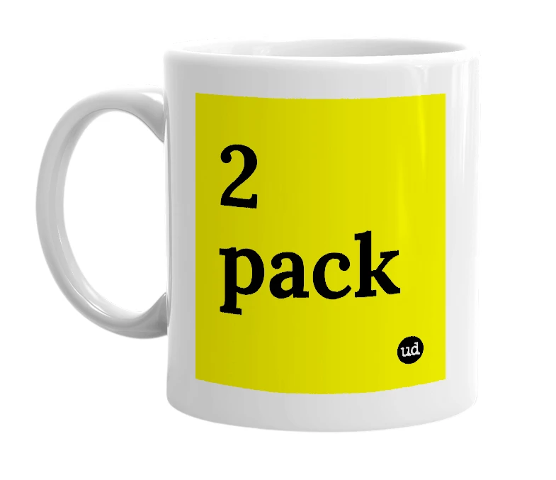 White mug with '2 pack' in bold black letters