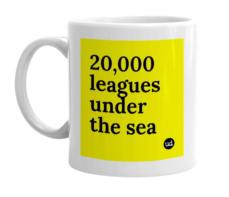 White mug with '20,000 leagues under the sea' in bold black letters