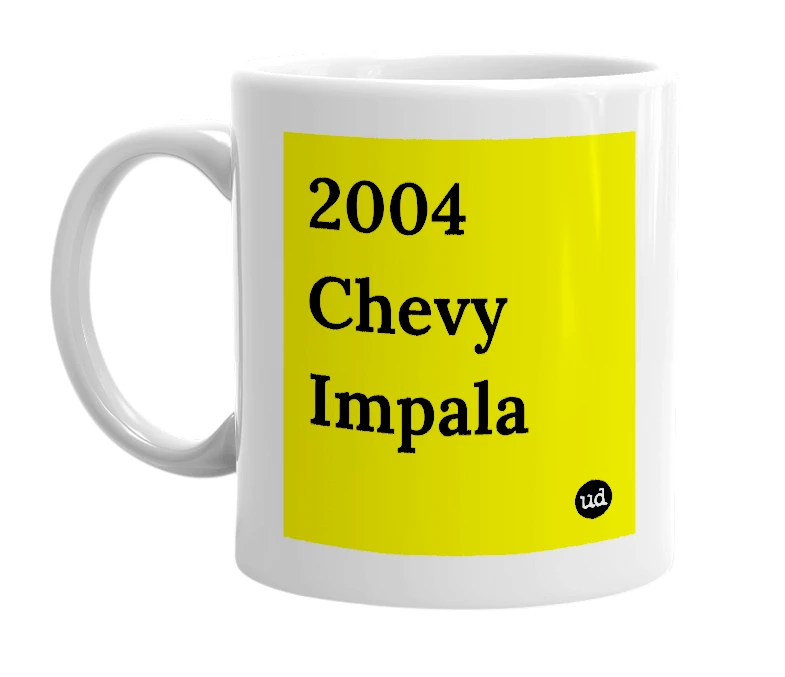 White mug with '2004 Chevy Impala' in bold black letters