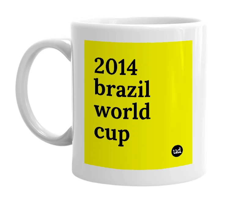 White mug with '2014 brazil world cup' in bold black letters