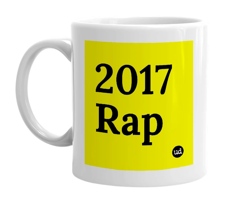 White mug with '2017 Rap' in bold black letters