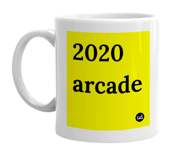 White mug with '2020 arcade' in bold black letters