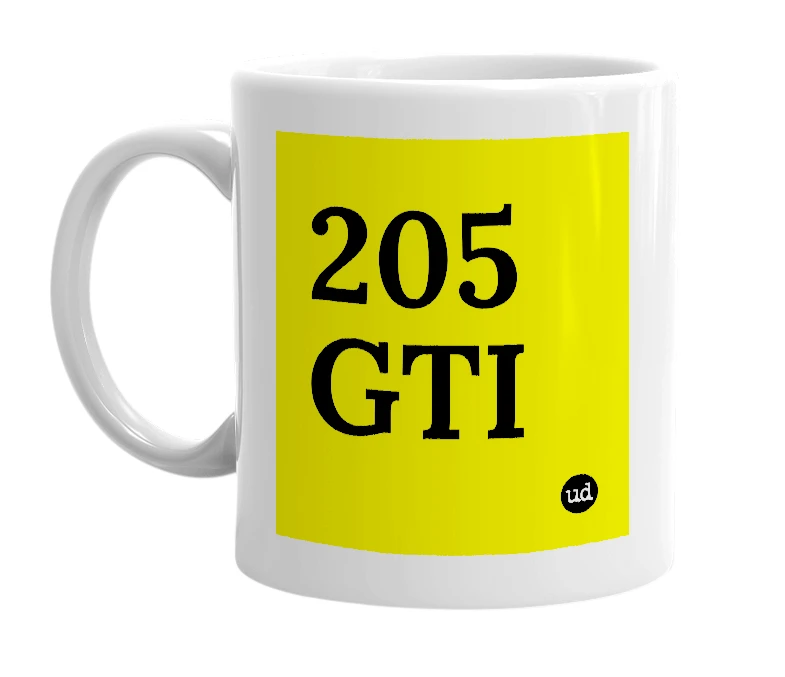 White mug with '205 GTI' in bold black letters