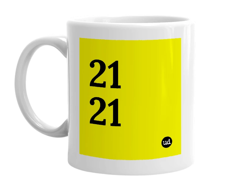 White mug with '21 21' in bold black letters