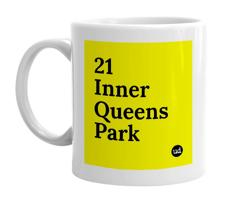 White mug with '21 Inner Queens Park' in bold black letters