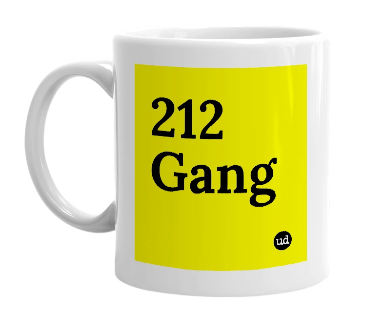White mug with '212 Gang' in bold black letters