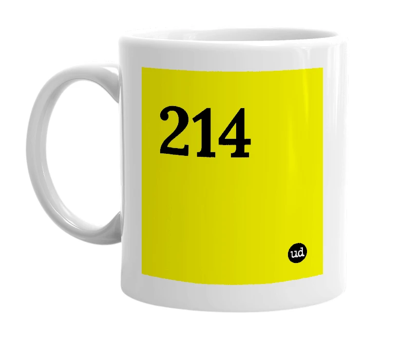 White mug with '214' in bold black letters