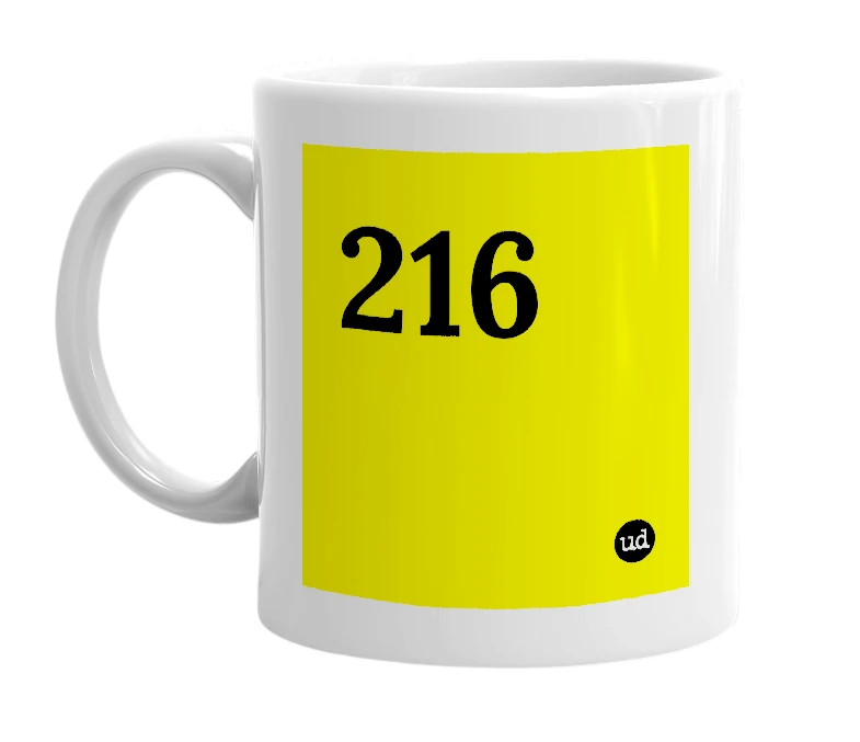 White mug with '216' in bold black letters