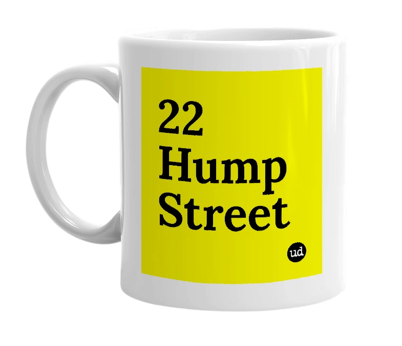 White mug with '22 Hump Street' in bold black letters