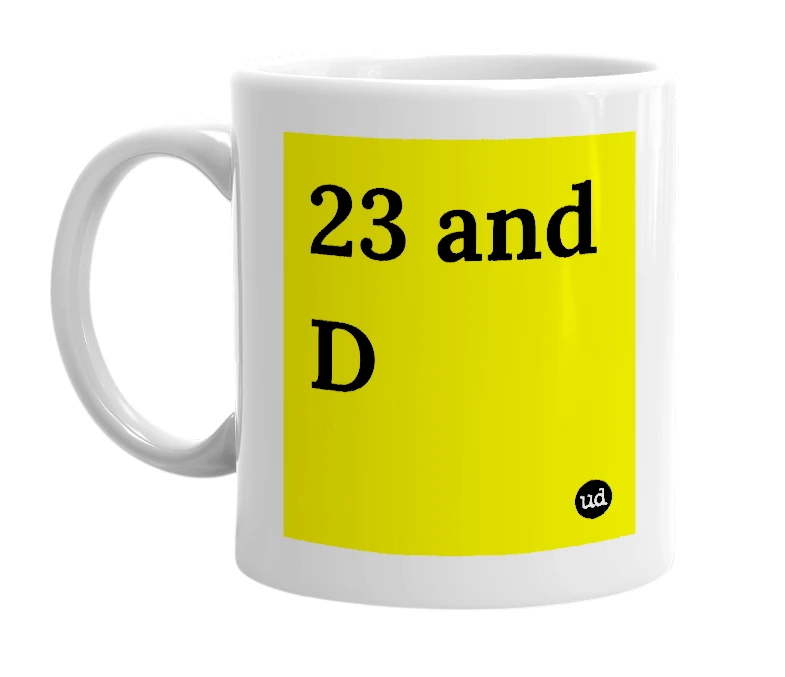White mug with '23 and D' in bold black letters