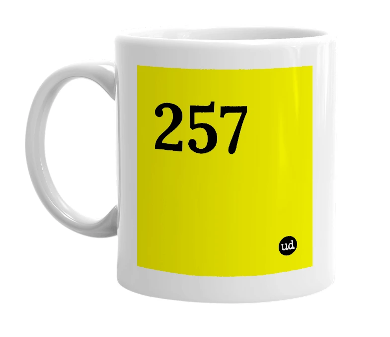 White mug with '257' in bold black letters