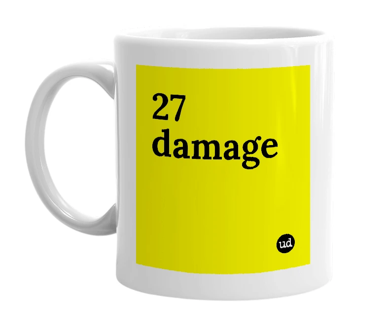 White mug with '27 damage' in bold black letters