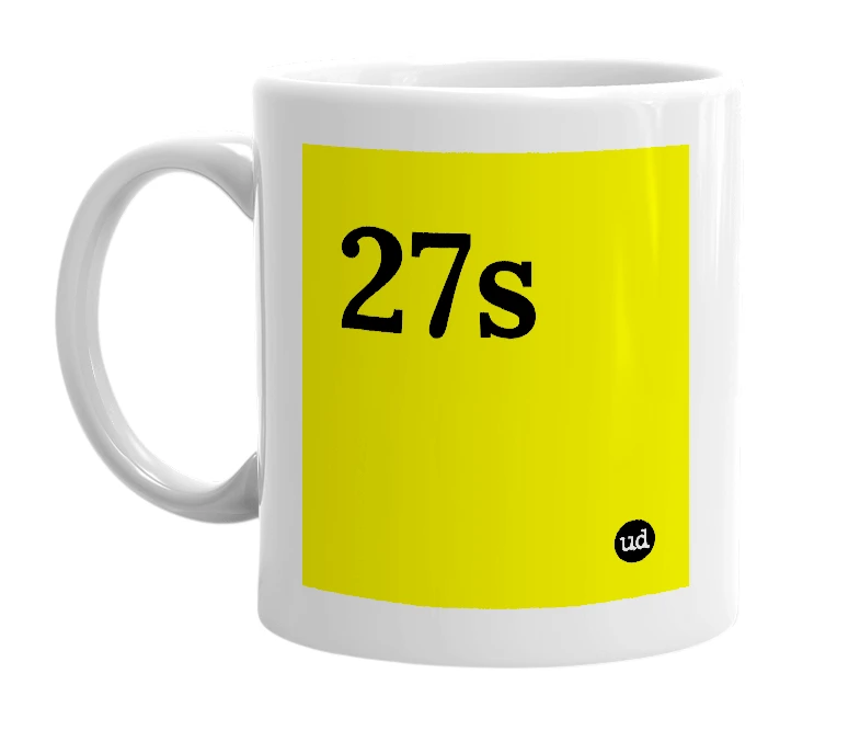 White mug with '27s' in bold black letters