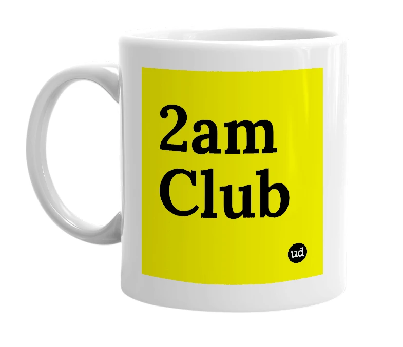 White mug with '2am Club' in bold black letters