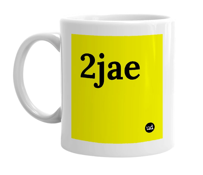 White mug with '2jae' in bold black letters