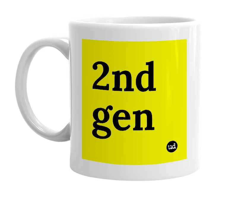 White mug with '2nd gen' in bold black letters