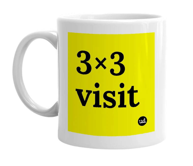 White mug with '3×3 visit' in bold black letters