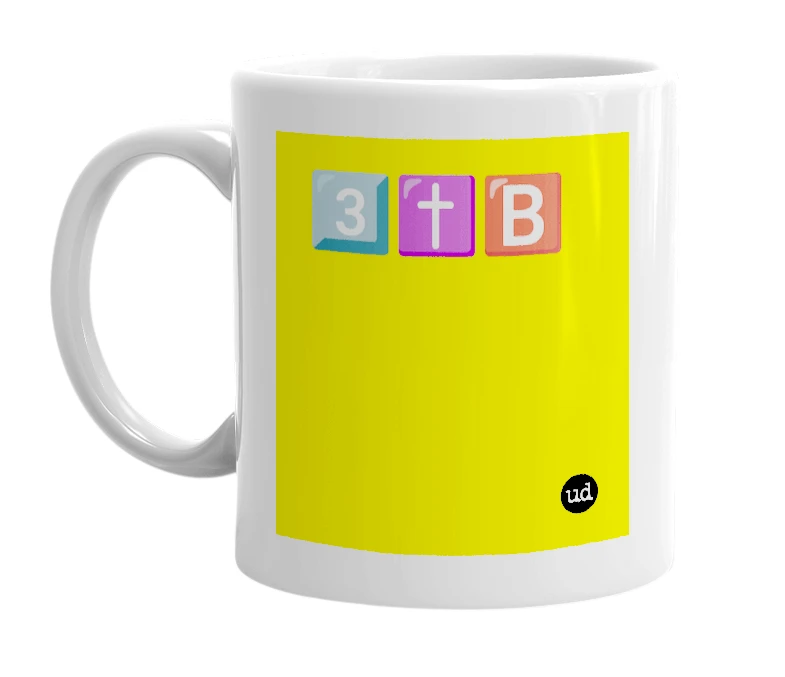 White mug with '3️⃣✝️🅱️' in bold black letters