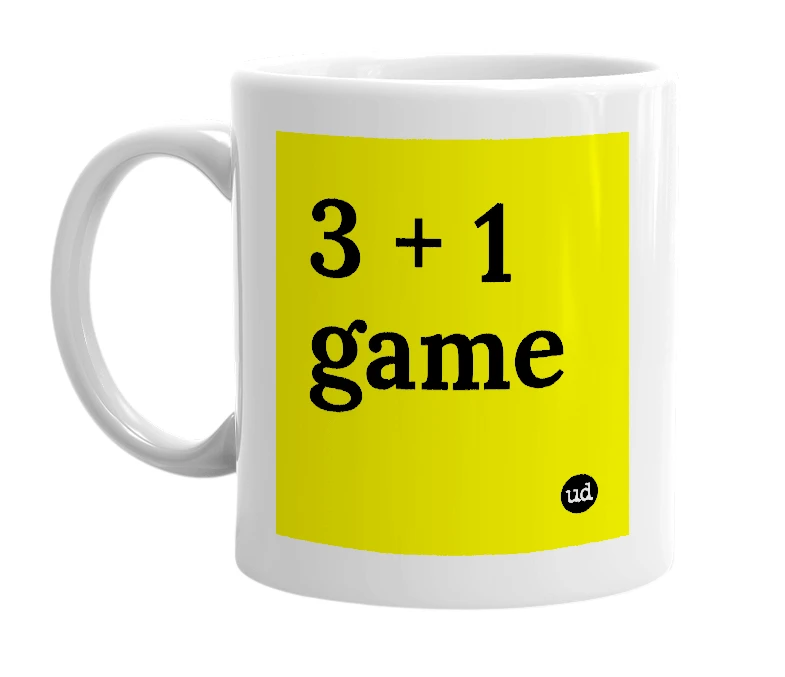 White mug with '3 + 1 game' in bold black letters