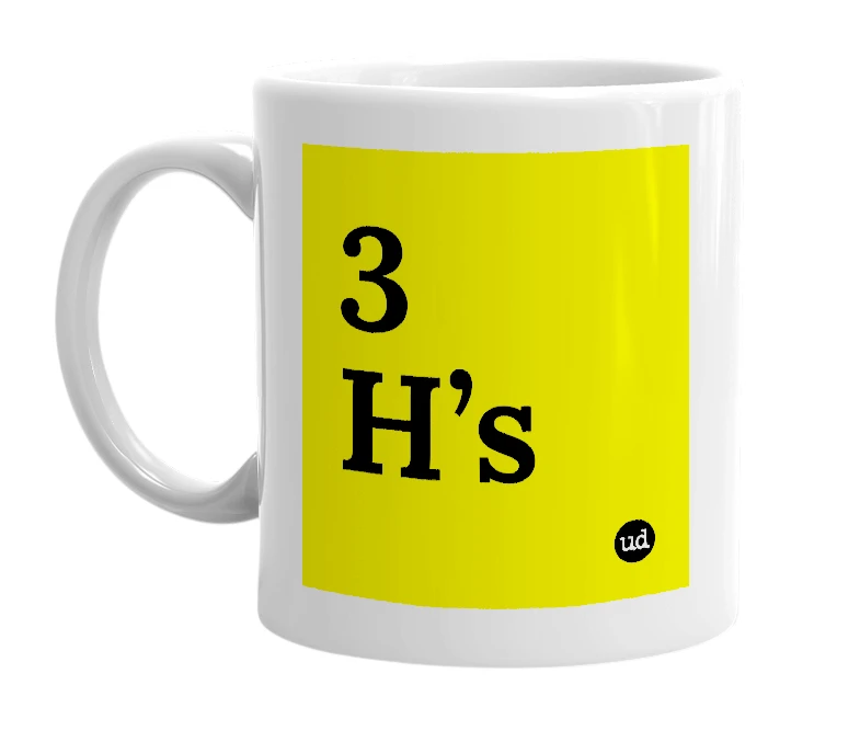 White mug with '3 H’s' in bold black letters