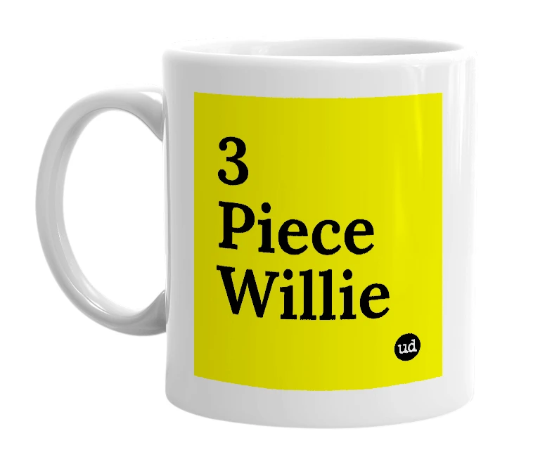 White mug with '3 Piece Willie' in bold black letters