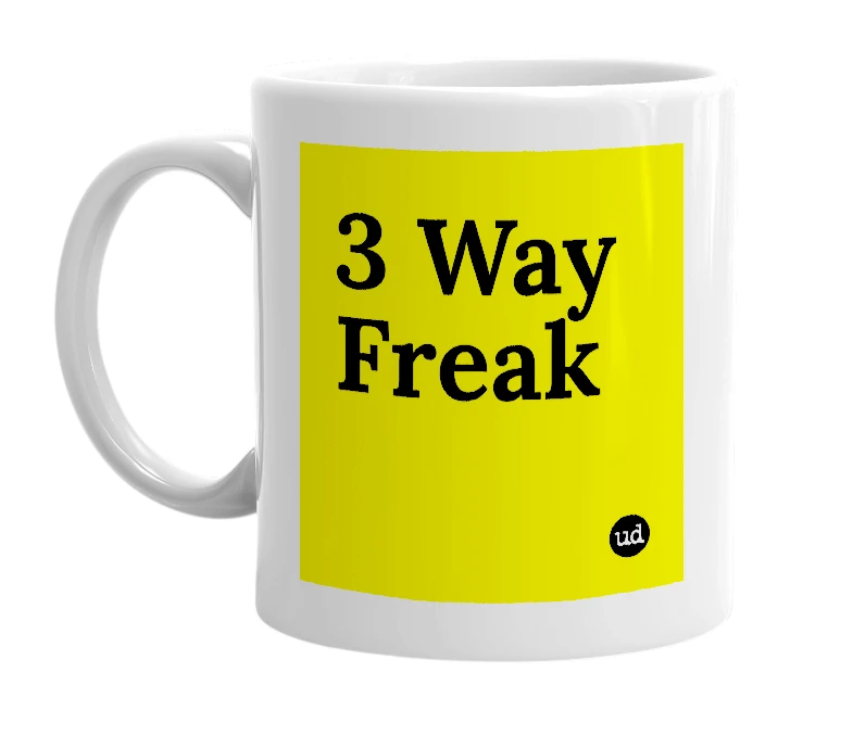 White mug with '3 Way Freak' in bold black letters