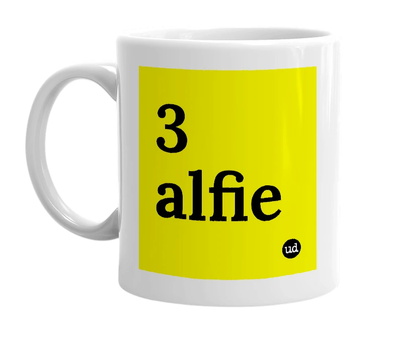 White mug with '3 alfie' in bold black letters