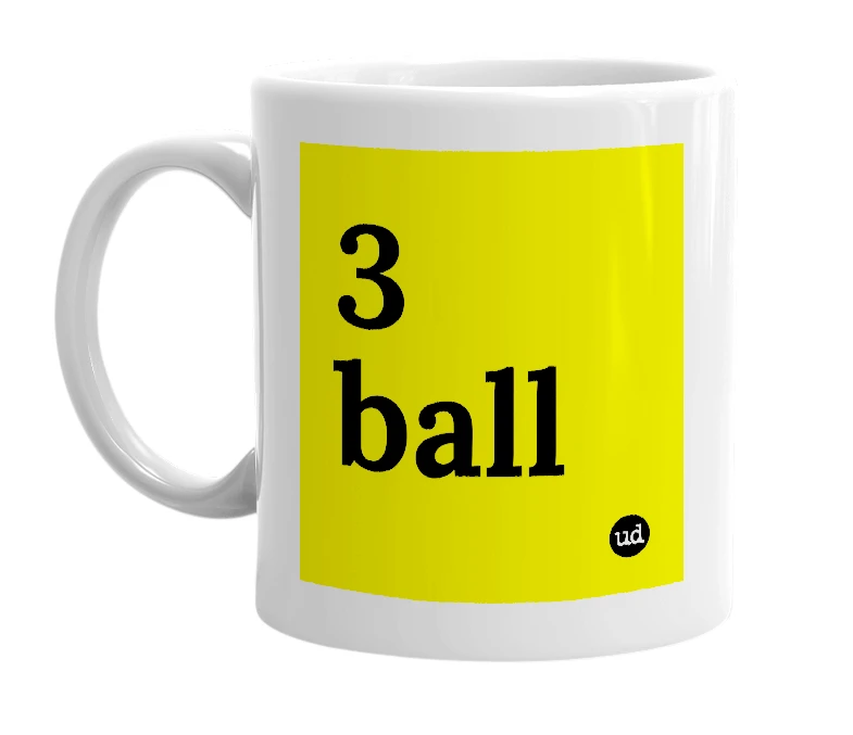 White mug with '3 ball' in bold black letters