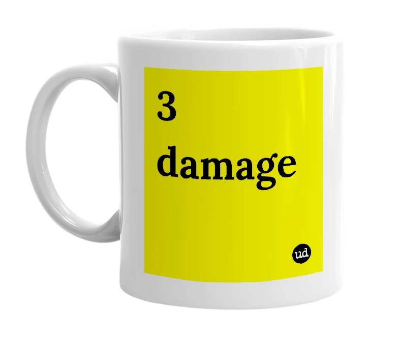White mug with '3 damage' in bold black letters