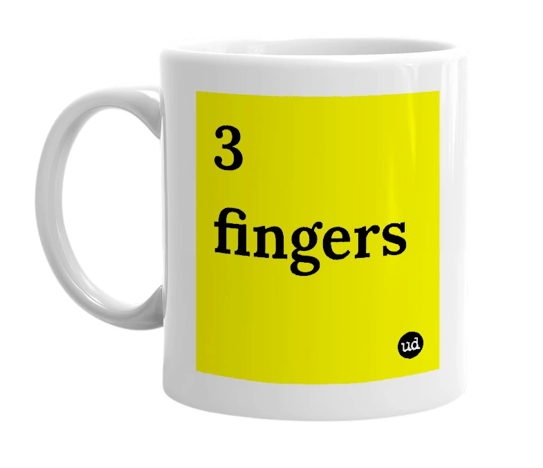 White mug with '3 fingers' in bold black letters