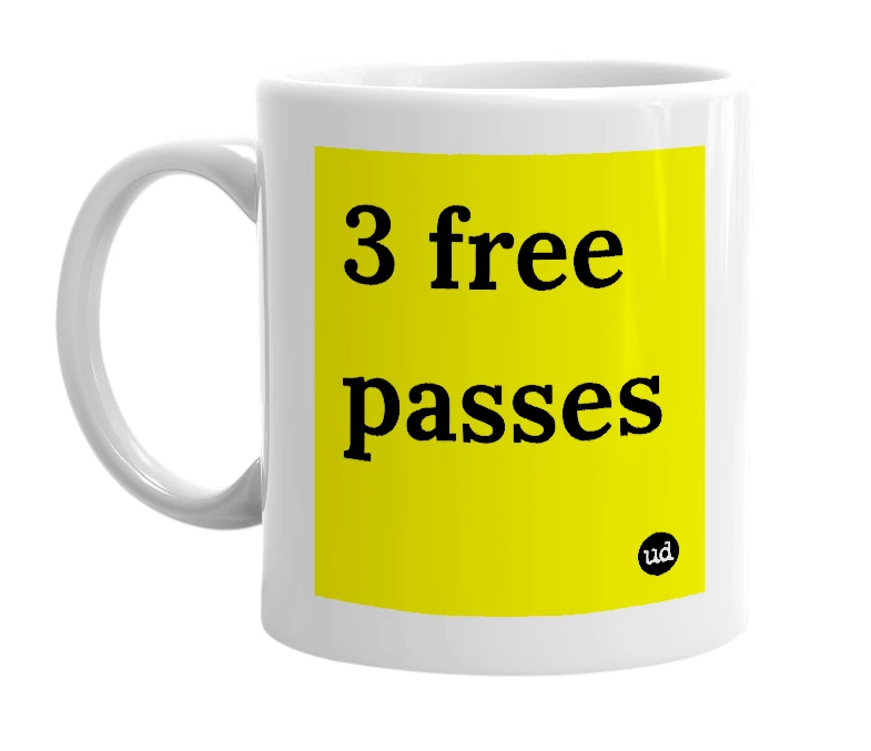 White mug with '3 free passes' in bold black letters
