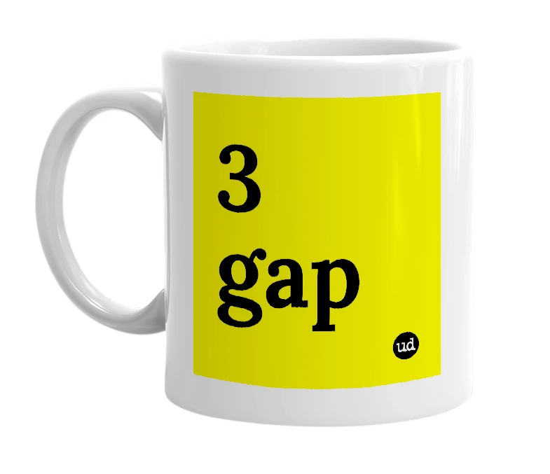 White mug with '3 gap' in bold black letters