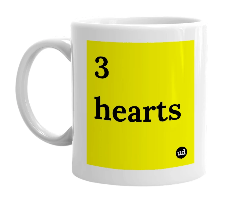 White mug with '3 hearts' in bold black letters