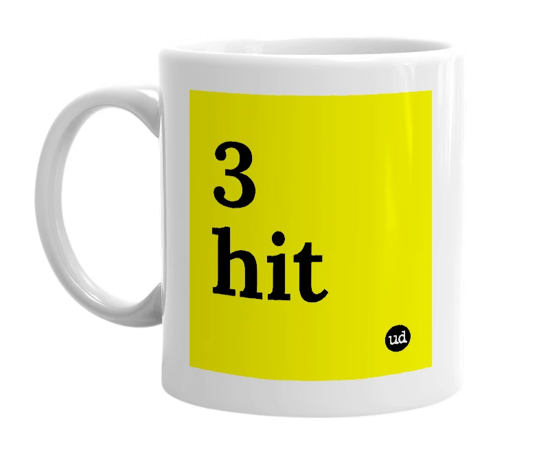 White mug with '3 hit' in bold black letters