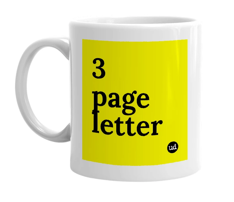 White mug with '3 page letter' in bold black letters