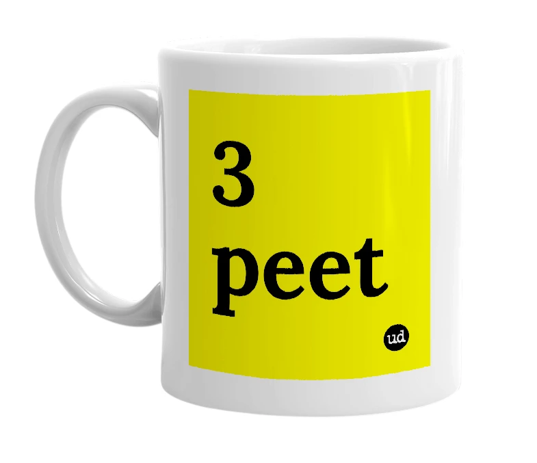 White mug with '3 peet' in bold black letters