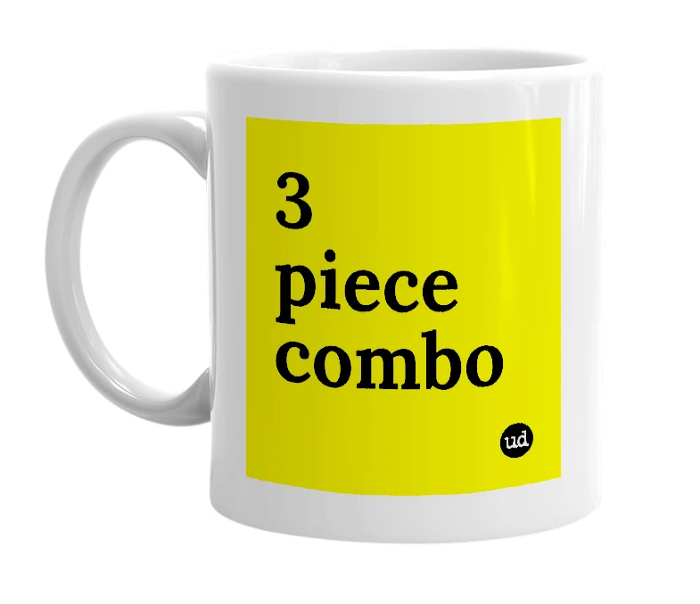 White mug with '3 piece combo' in bold black letters