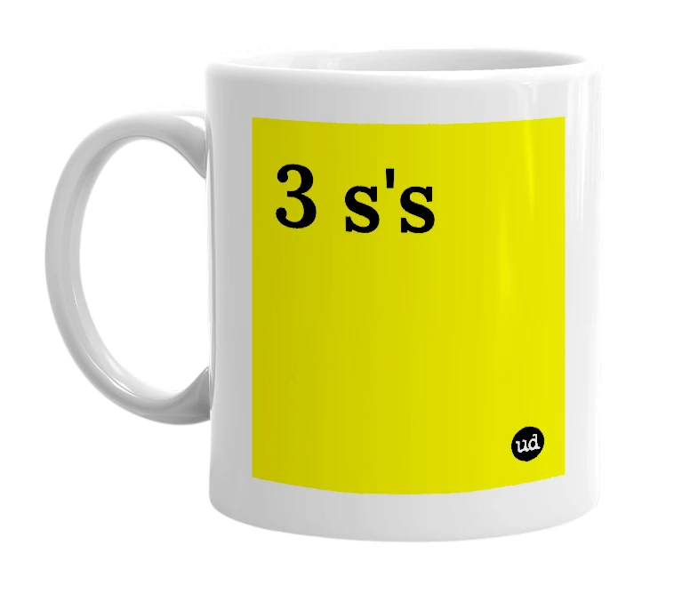 White mug with '3 s's' in bold black letters