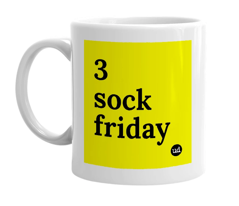 White mug with '3 sock friday' in bold black letters